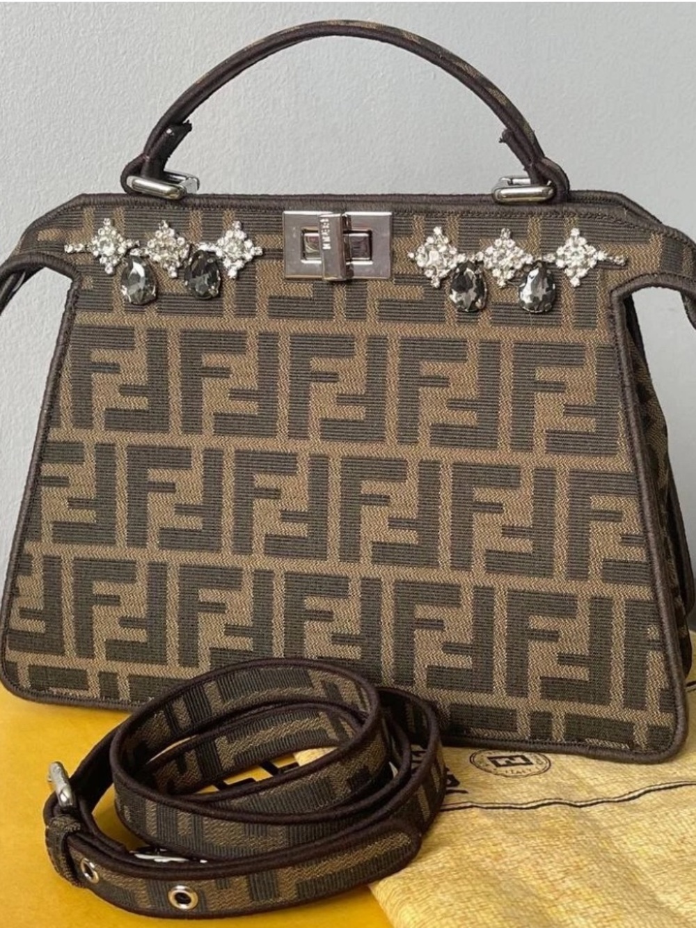 🩸SOLD 🩸Fendi Brown FF Logo Satchel with Crystal Trim
